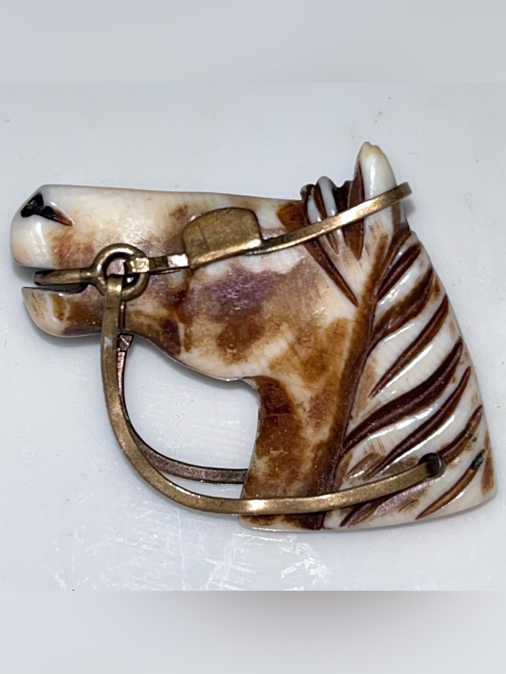 Carved Mother of Pearl Horse Head Brooch with Brass Accents - Brown & White
